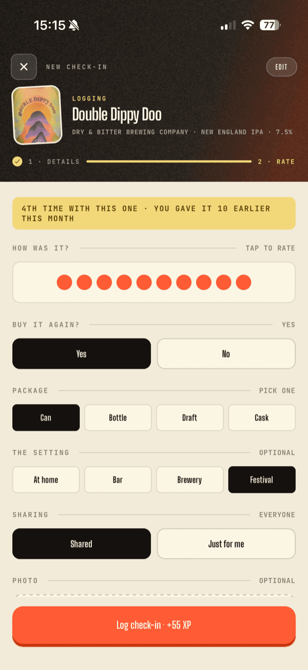 Sipstr check-in screen with a rating