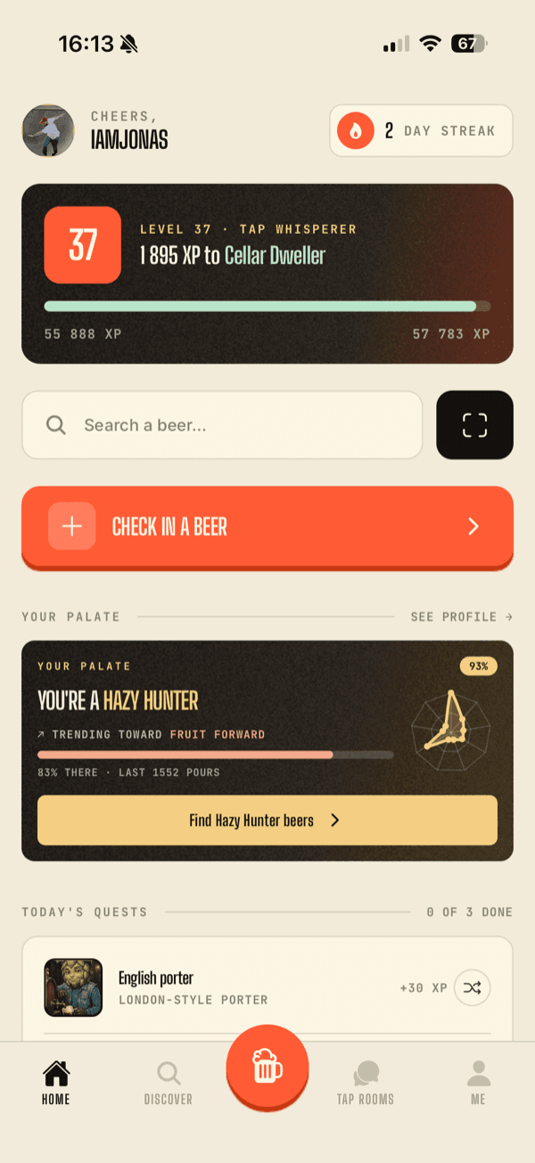 Sipstr home: your level and today's quests