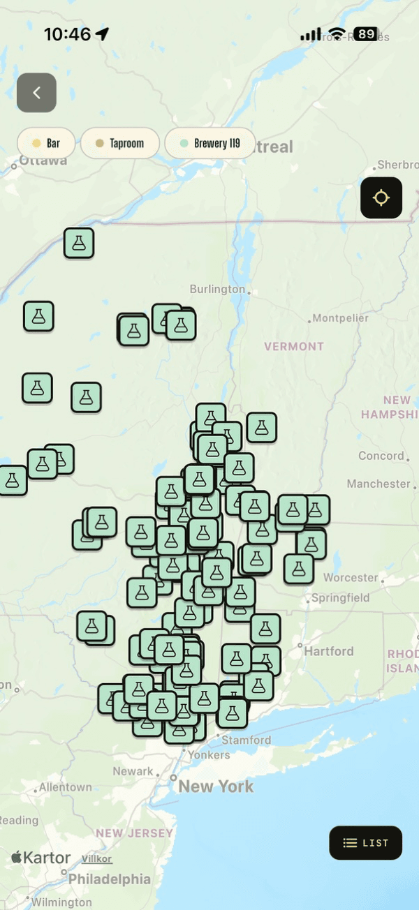 The Sipstr map, breweries pinned across a region