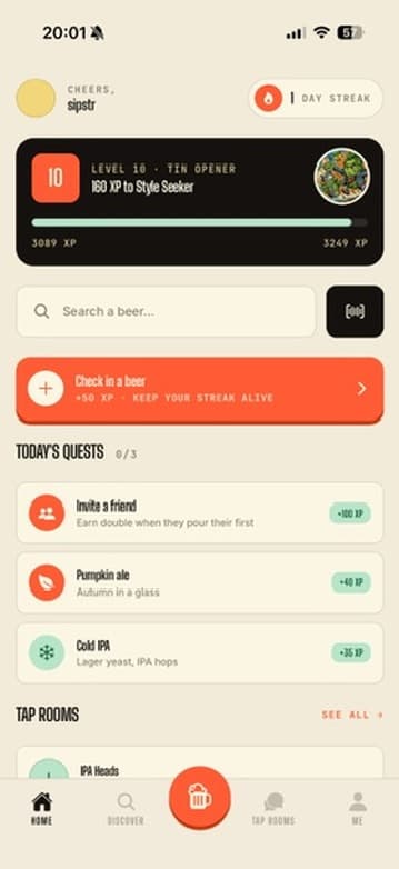 Sipstr home screen — level progress, today's quests, and tap rooms.